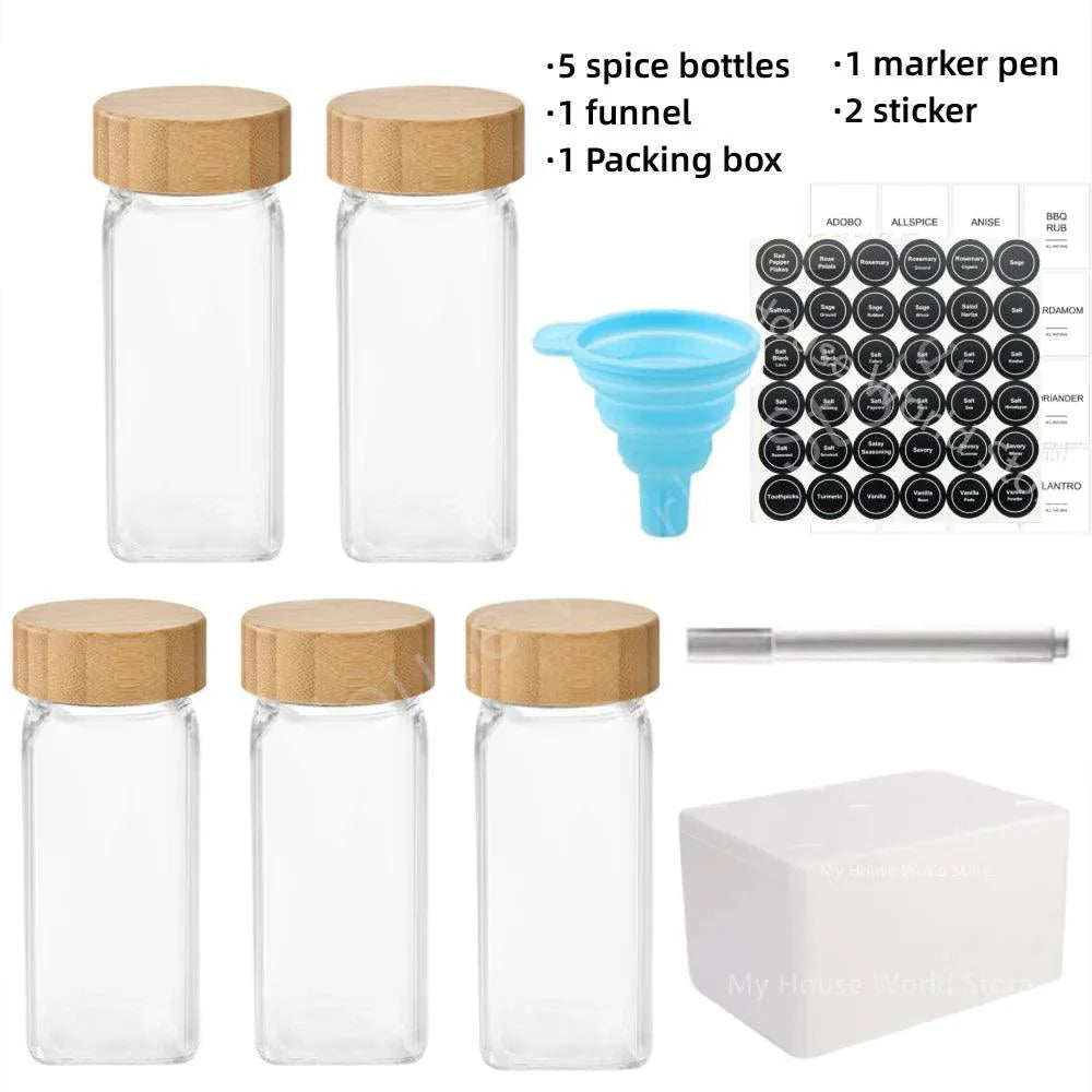 Lisslune | Glass Spice Jar Set with Bamboo Lids, Pouring Caps, Labels & Funnel - 4oz