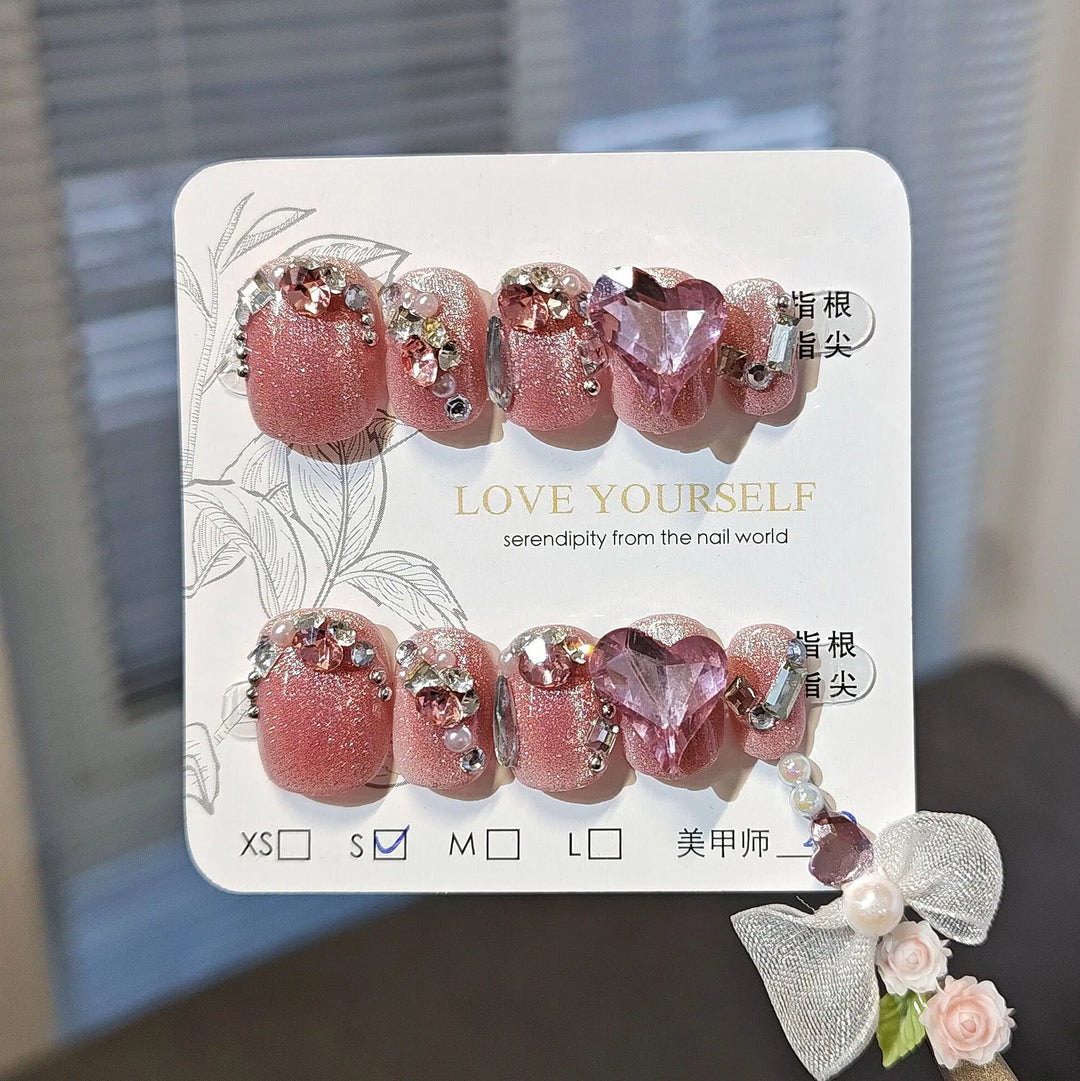 Rynx | 10 pieces Handmade Press-on Nails Shimmering Pink Cat Eye Artificial Nail Tips with Love Diamond Design Portable Korean Short Art Nails