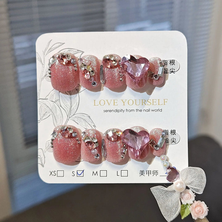 Rynx | 10 pieces Handmade Press-on Nails Shimmering Pink Cat Eye Artificial Nail Tips with Love Diamond Design Portable Korean Short Art Nails