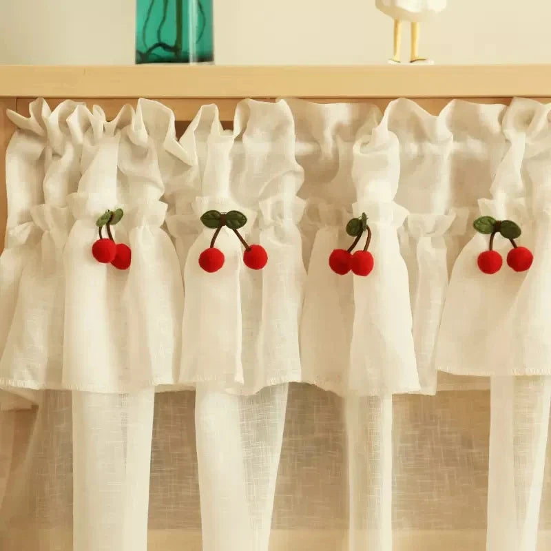 Rynx | Korean Style Fresh Linen Short Curtain for Kitchen Small Windows Half Curtain Cherry Decorative Curtain Tulle Door Curtain Drapery