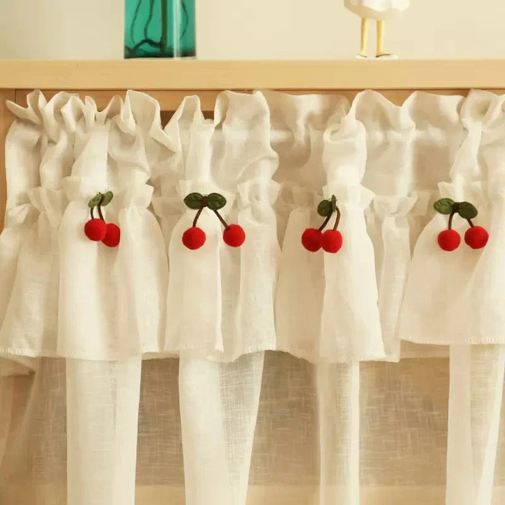 Rynx | Korean Style Fresh Linen Short Curtain for Kitchen Small Windows Half Curtain Cherry Decorative Curtain Tulle Door Curtain Drapery
