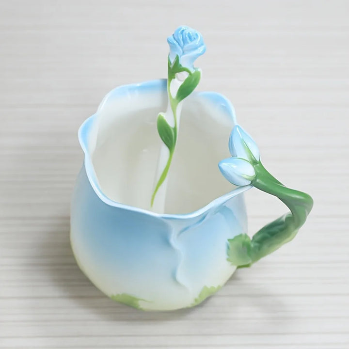 Lisslune | 3D Rose Flower Coffee Mug Ceramic Coffee Mugs Cute Aesthetic Water Cups with Spoon Summer Winter Drinking Utensils Valentine's Day Gifts
