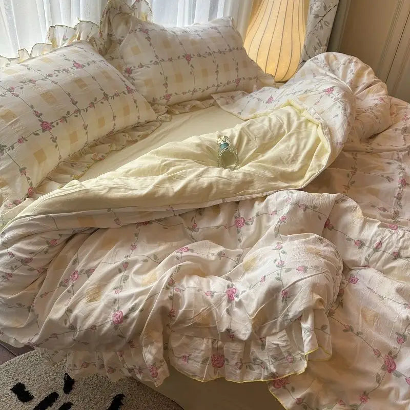 Rynx | Korean Princess Bedding Set Skin-friendly Washable Cotton Bedding Set of Four Pieces Lace Bedding Set Pillowcases Duvet Cover