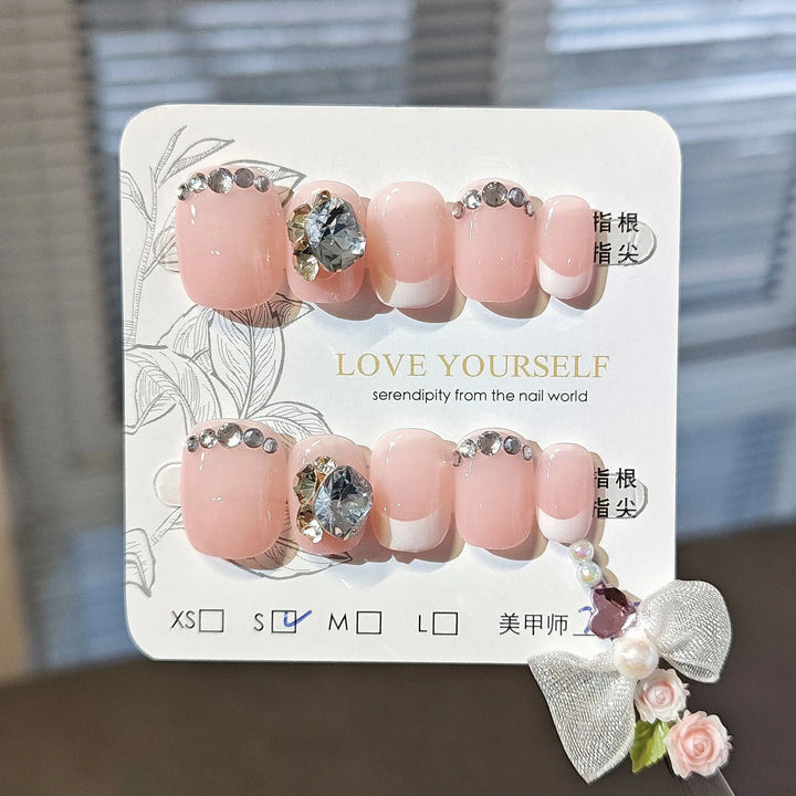 Rynx | 10 pieces Handmade Press-on Nails Shimmering Pink Cat Eye Artificial Nail Tips with Love Diamond Design Portable Korean Short Art Nails