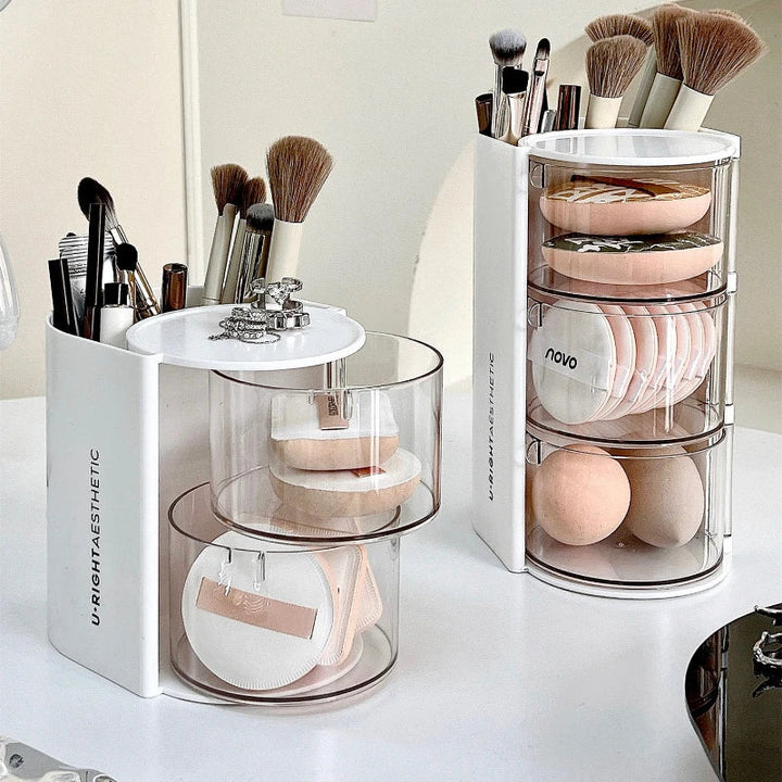 Rynx | Rotatable Powder Puff Storage Box Dustproof Desktop Beauty Egg Air Cushion Shelf Multilayer Lipstick Makeup Brush Storage Rack