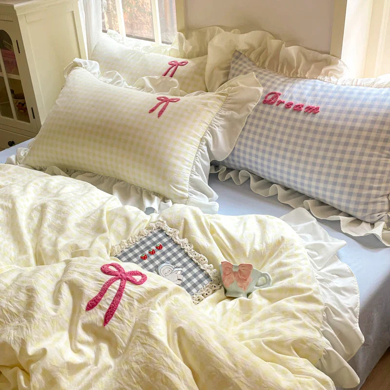 Lisslune | Prinzessinnen Bettwäsche Set Spitze Schleife Rosa Karomuster 4-teilig Bettdecke Bezug Blatt und Kissenbezug Soft Romantisch Für Mädchen