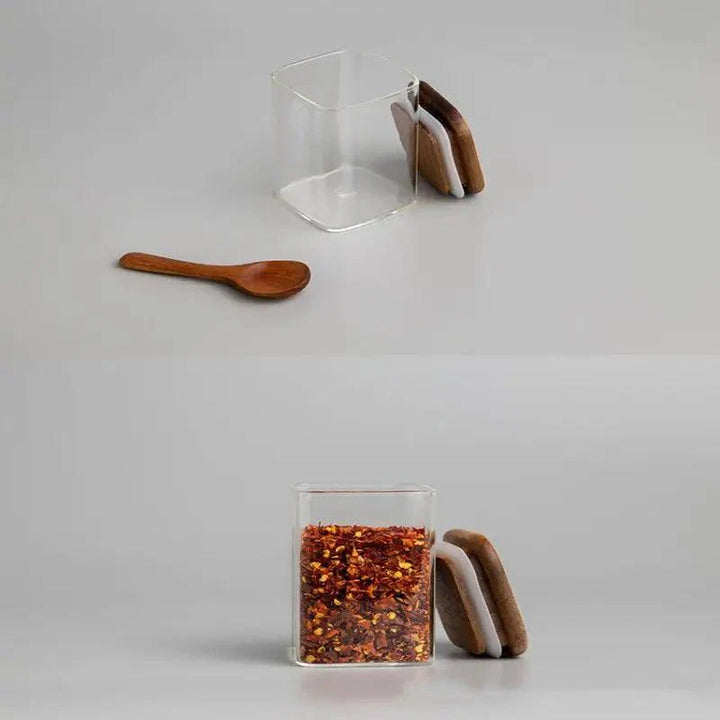 Lisslune | Elegant Acacia Wood and Glass Spice Jar Set - 4 Pieces for Kitchen Organization