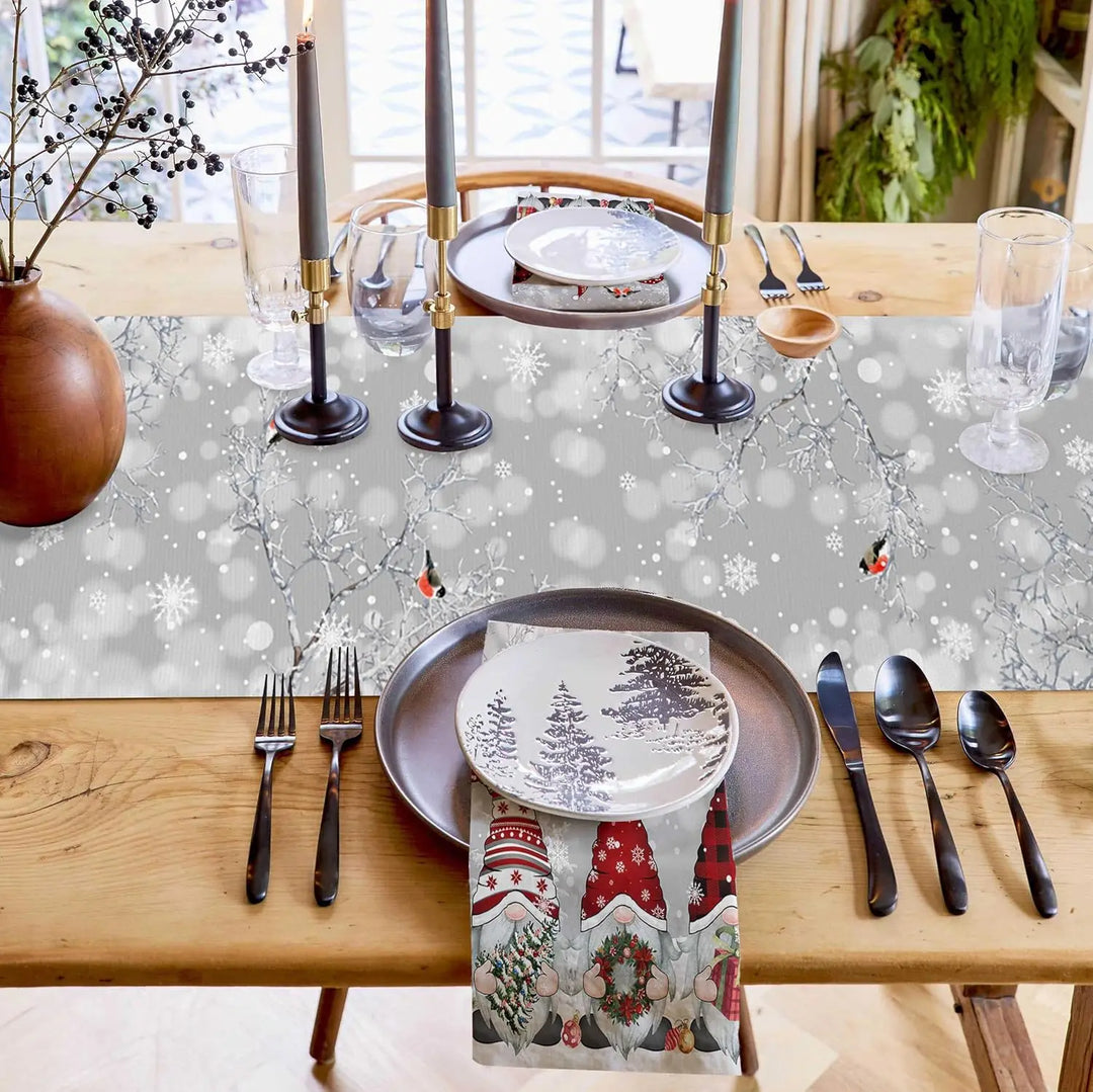 Lisslune | SnowGnome Christmas Table Runner – Luxe Linen Table Runner with Snowflake and Gnome Design