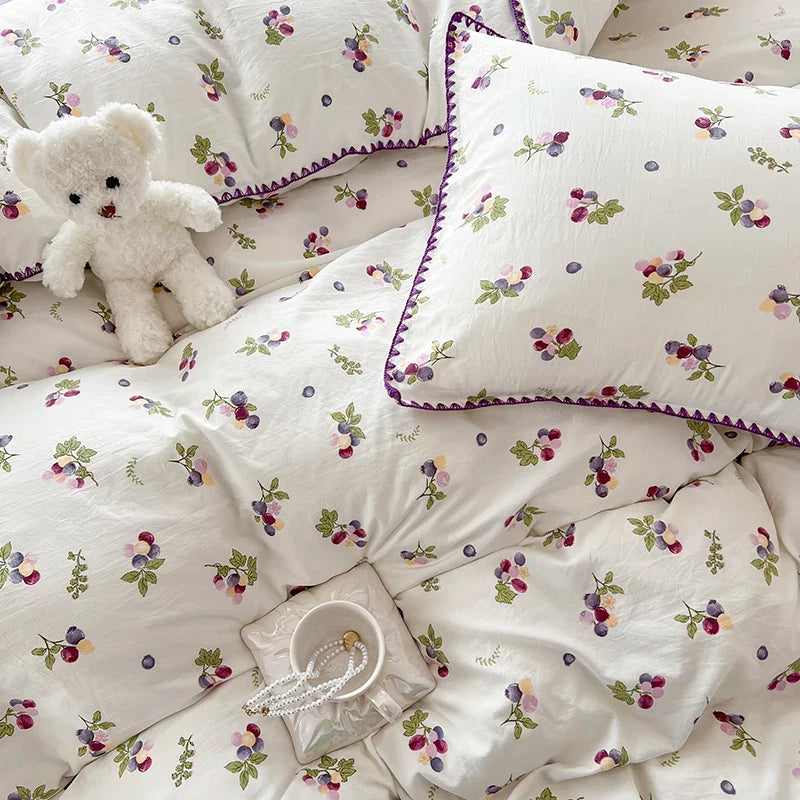 Rynx | Cute Purple Grapes Duvet Cover Girl INS Bedding Set for Kids Queen Full Size Flat Bed Sheet Blanket Cover Pillowcase Kawaii