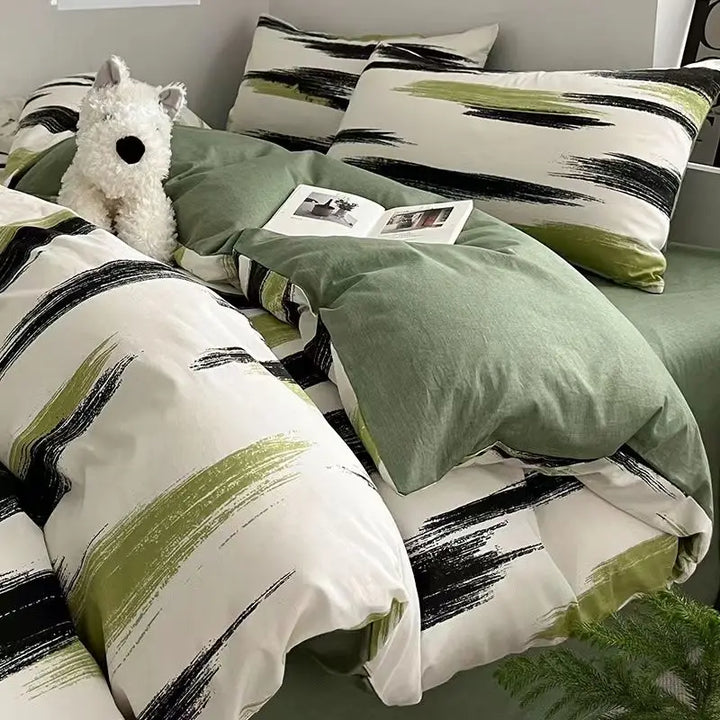 Rynx | Ins Stripe Bedding Set Green Black Duvet Cover with Pillowcase Simple Quilt Cover Adults Single Double Full Size