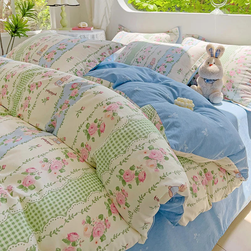 Rynx | 2024 Hot Japanese Style 100% Cotton Bedding Set Printed Four Piece Set Pure Cotton Sheet Set Duvet Cover Queen King Size