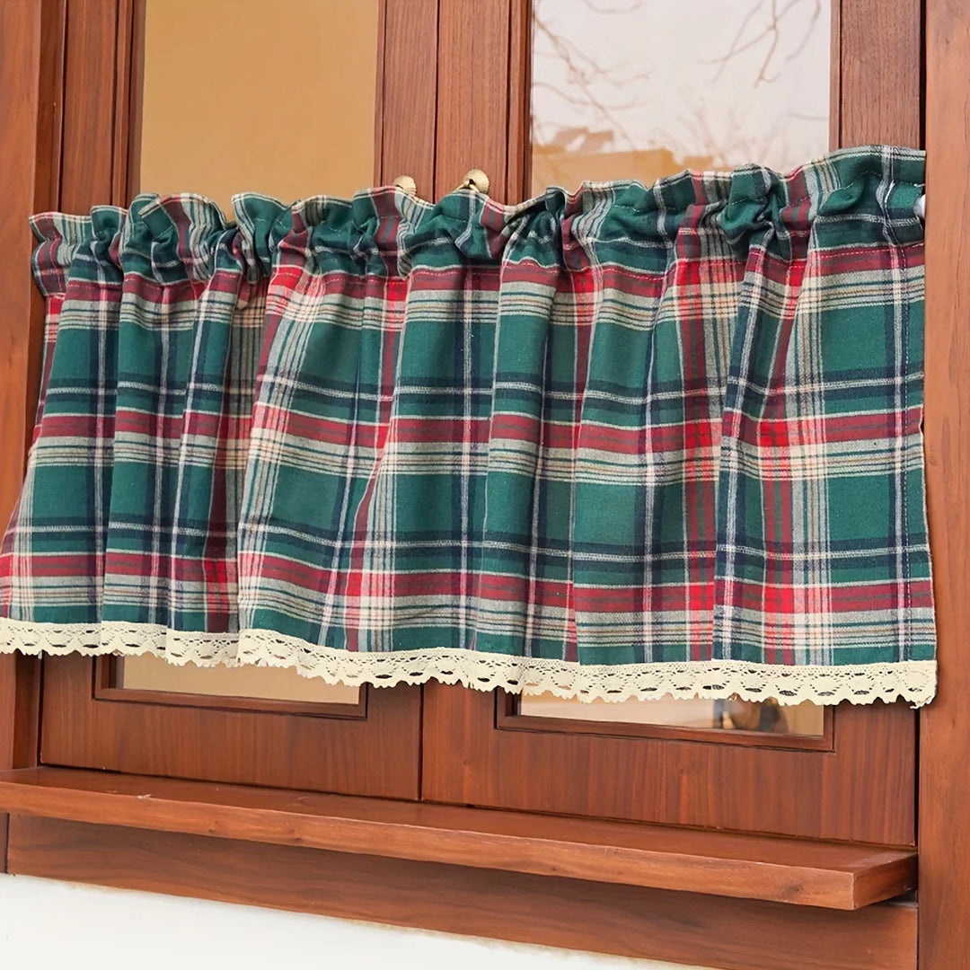 Rynx | 1 Piece Christmas Decoration Short Curtain Small Curtain Red and Green Checked with Lace Trim Rod Pocket Installation for Small Windows Kitchen Bathroom Living Room Coffee Curtain