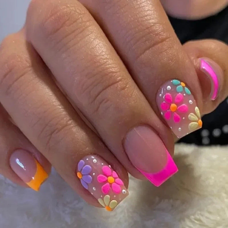 Rynx | 24 Piece Square Press-on Nails Set with Pink Flower Patterns Full Coverage Acrylic Nail Tips Glue for Stylish Women/Girls
