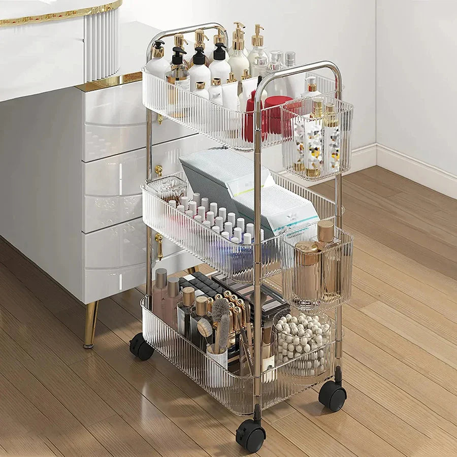 Rynx | Light Luxury Storage Trolley 2/3/4 Layers Transparent Acrylic Rolling Cart With Removable Hanging Goods Snacks Book Shelf