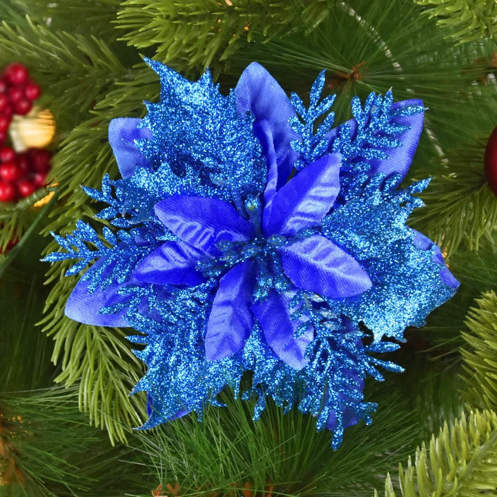 Rynx 5/10pcs 14cm Glitter Artificial Christmas Flowers Xmas Tree Ornaments Merry Christmas Decorations for Home New Year Gift Navidad