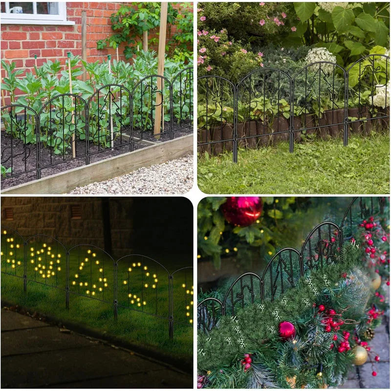 Rynx | 10-Panel Solar Illuminated Garden Fence with Christmas Pattern & String Lights, Stainless Steel Edge for Terrace, Garden and H