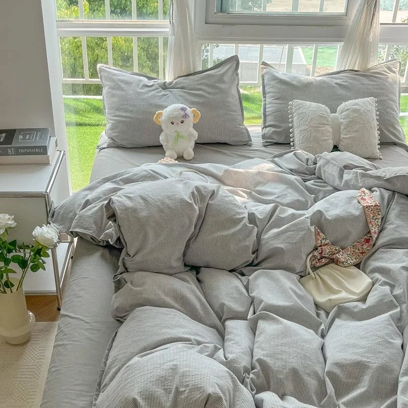 Rynx | Striped Duvet Cover Set Quilt Set Ins Nordic Gray Bed Set of Four Parts, Home Luxury Bedding Set Bed Sheets