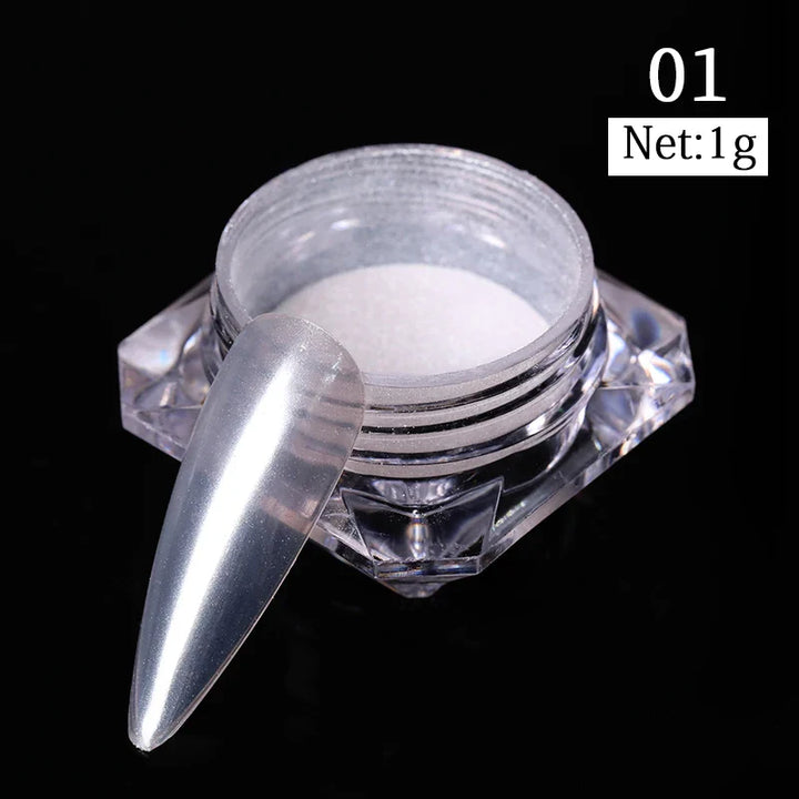 Rynx | Aurora Pearl White Nails Glitter Dust Chrome Gradient Rubbing on Powder Mirror Reflective Magnetic Pigment Nail Art Decorations