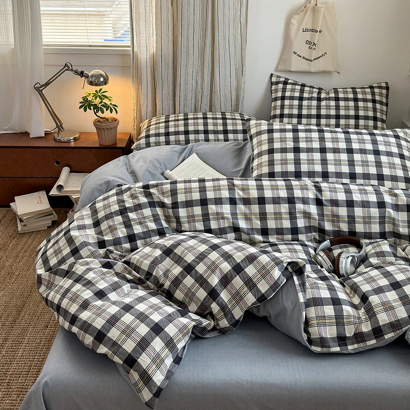Lisslune | 100% Baumwolle Karo Style Bettbezug Set mit 2 Kissenbezügen - Weiche & Atmungsaktive Bettwäsche, Hypoallergen, Pflegeleicht