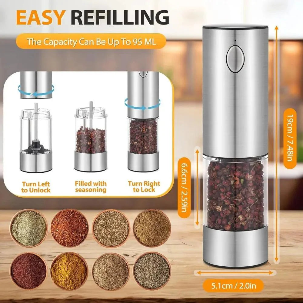 Lisslune | USB rechargeable electric salt and pepper mill set with adjustable grinding positions and illuminated LED