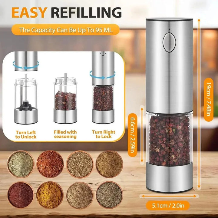 Lisslune | USB rechargeable electric salt and pepper mill set with adjustable grinding positions and illuminated LED