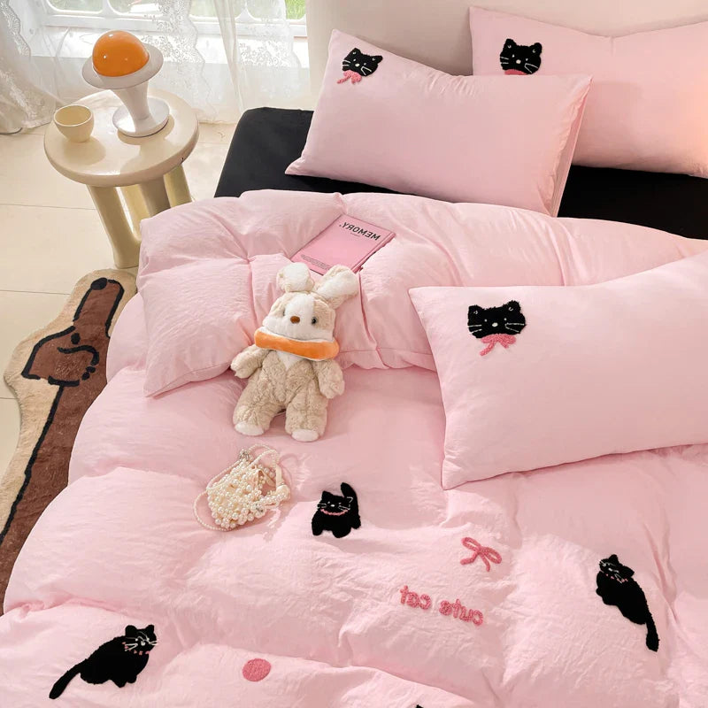 Rynx | Korean Style Pink Bedding Set Black Cat Embroidery Washed Cotton Duvet Cover Cute Cartoon Bedding Comforter Sets