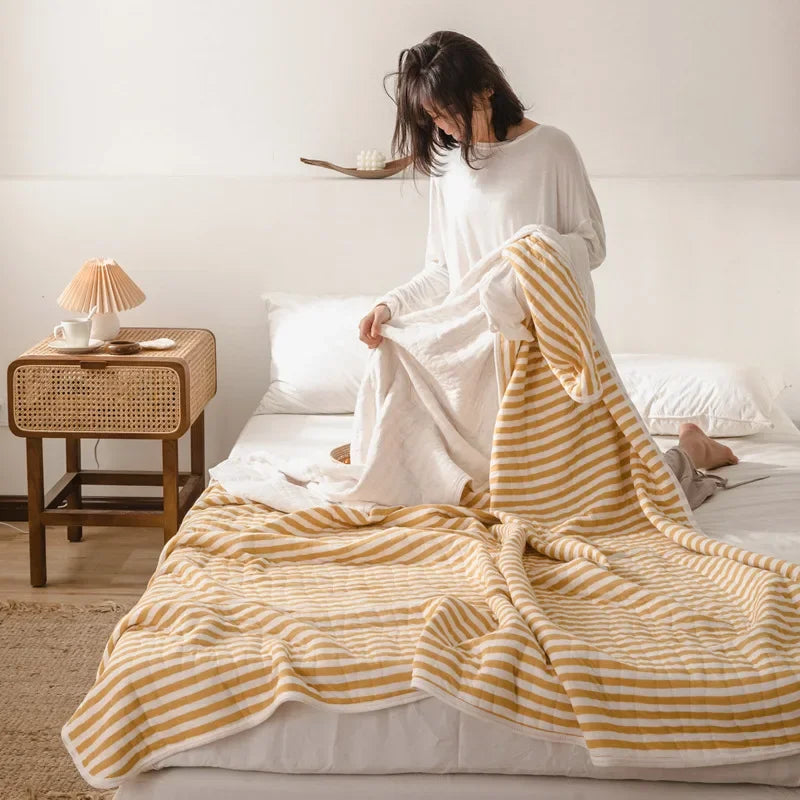 Rynx Stripes 100% Cotton Summer Blanket for Bed Soft Skin-Friendly Queen Comforter for Summer Air Conditioning Thin Comforter Breathable
