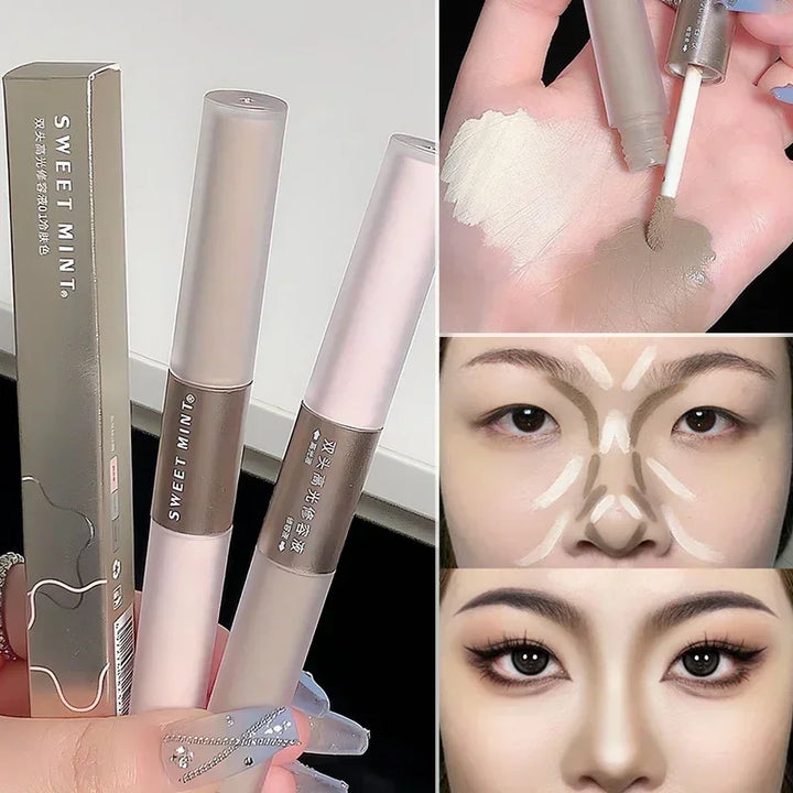 Rynx | Double head high gloss 2 In 1 skin brightening warm toned face shading grooming powder makeup face contouring bronzer cosmetics
