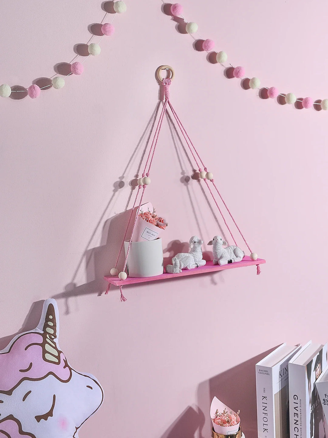 Rynx | Pink Wood Shelf Hanging Decoration Display Stand Wall Decoration Floating Shelf Nordic Room Decoration Aesthetic for Girls Children's Room
