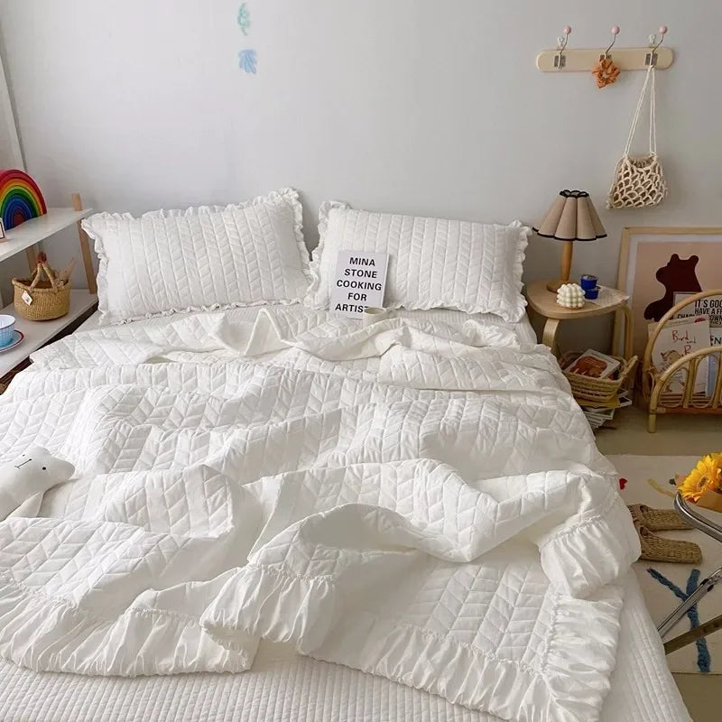 Rynx Ruffled Quilted Breathable Summer Blanket Set Princess Climate Blanket Soft Washable Thin Comfort Blanket Set or Single Blanket