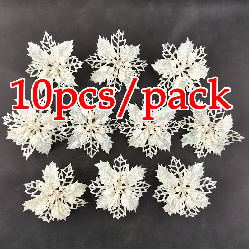 Rynx | (10 pieces) Artificial Christmas Tree Flowers Glitter Decorations Xmas Ornament New Year Gift