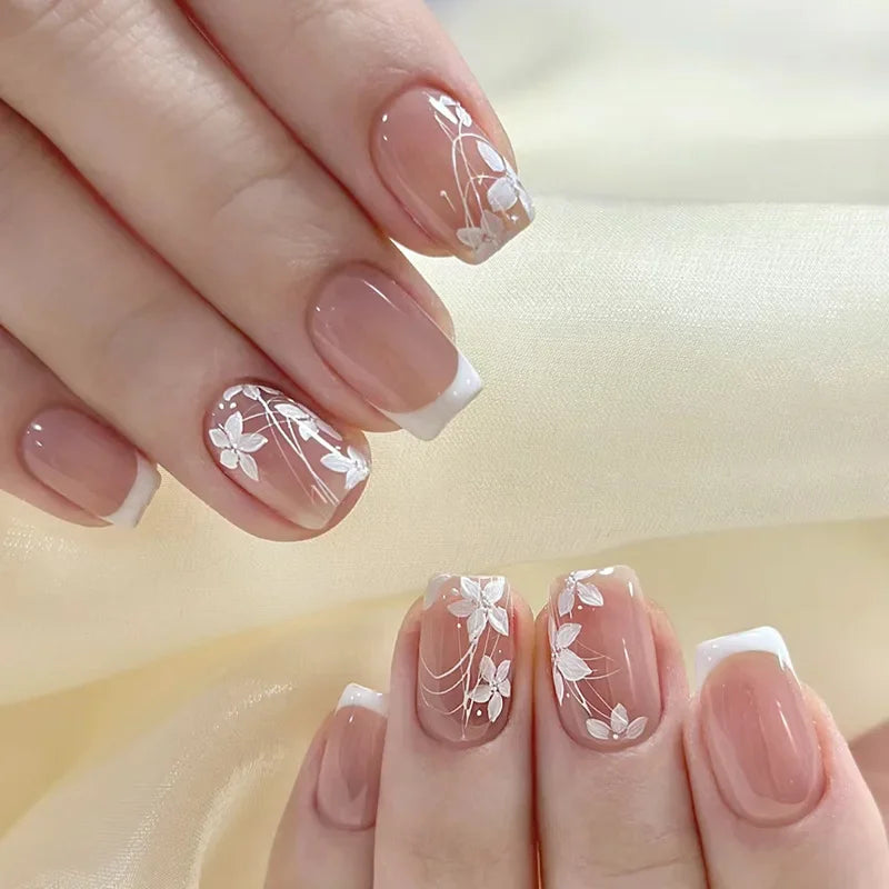 Rynx | 24 Piece Square Press-on Nails Set with Pink Flower Patterns Full Coverage Acrylic Nail Tips Glue for Stylish Women/Girls