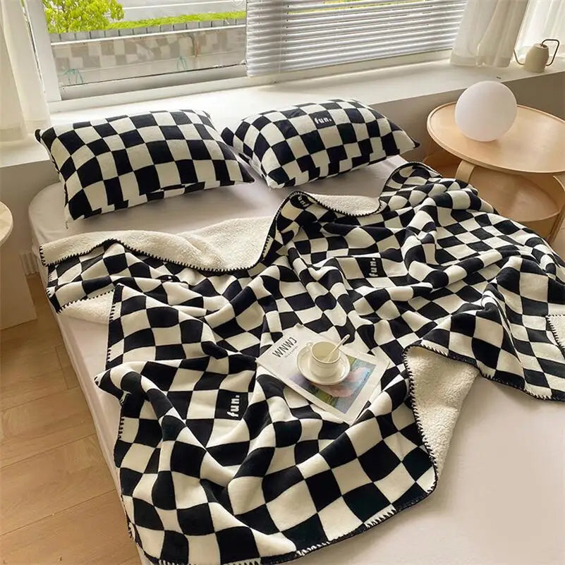 Rynx | Retro Checkered Plaid Throw Blankets Double Layer Soft Plush Warm Scarf Sofa Cover Fluffy Blanket Fluffly Bedspread