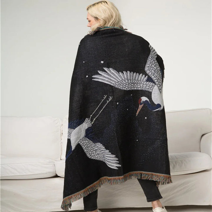 Rynx | Textile City In red crowned crane Retro throw blanket Ukiyo-e auspicious clouds decor wall tapestry heavy quality back support towel