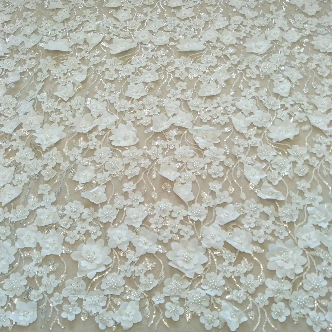 Lisslune | Extravagant Ivory 3D Pearls Lace Fabric - 130 cm Width, available per Yard