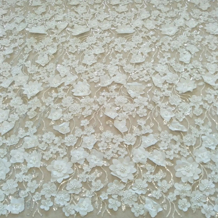 Lisslune | Extravagant Ivory 3D Pearls Lace Fabric - 130 cm Width, available per Yard