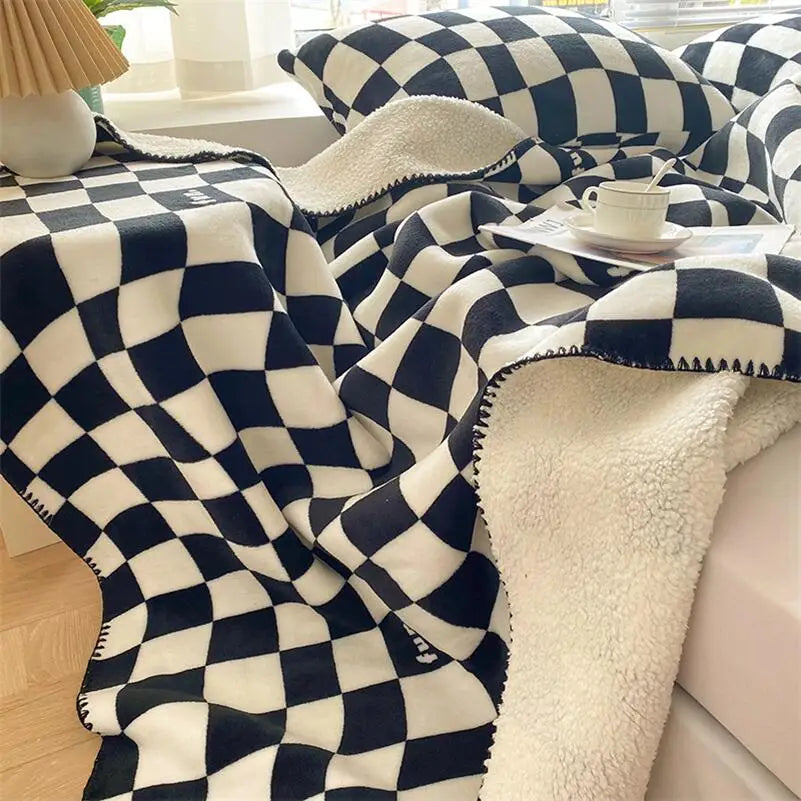 Rynx | Retro Checkered Plaid Throw Blankets Double Layer Soft Plush Warm Scarf Sofa Cover Fluffy Blanket Fluffly Bedspread