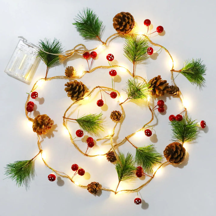 Rynx | Christmas light chain, 20 LED 180cm Christmas garland battery operated, red berry LED light chain copper wire lights decor