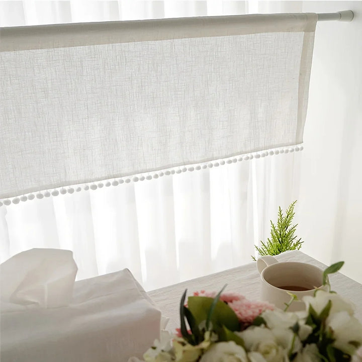 Rynx | 1 piece artificial linen cross pattern lace cotton ball short curtain half curtain small curtain Japanese and Korean style decorative curtain for kitchen furniture restaurant window curtain