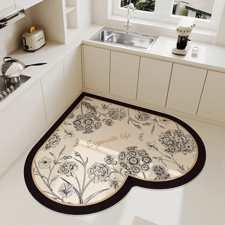Rynx | Beige Cream Style Heart Pattern Kitchen Mat Irregular Water Absorbent Decorative Mat Easy to Clean Cuttable PVC Carpet
