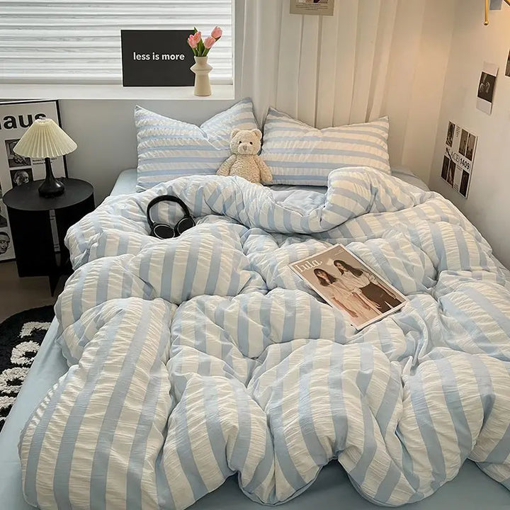Rynx | INS Blue White Stripes Seersucker Duvet Cover Bed Sheet Pillowcases NO Filling Princess Bedding Set Girls Home Textiles Full Size