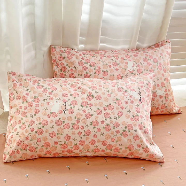 Rynx | Pink Floral Bedding Set Soft Duvet Cover Flat Sheet Pillowcase Girl Flower Polyester Home Bedding Twin Double Full Size