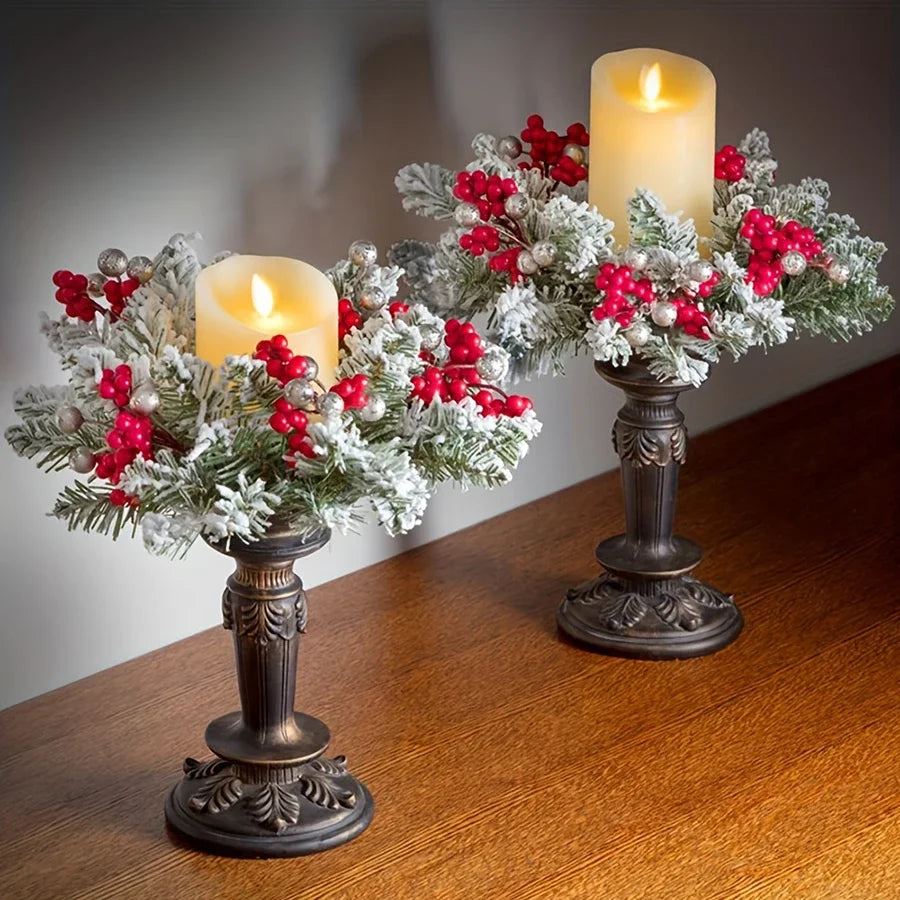 Rynx | Christmas Candle Wreath Party Desk Candle Holder Fireplace Home Candle Stand Plush Flower Wreath Holiday Decoration Accessories