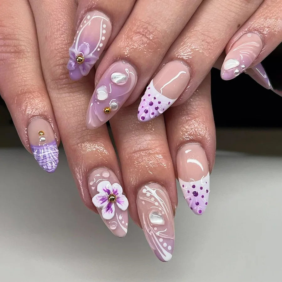 Rynx | 3D Flower Shell Water Drop Ripple Artificial Nails Black White Leopard French Removable Finished Artificial Nails Press on Nail with Glue