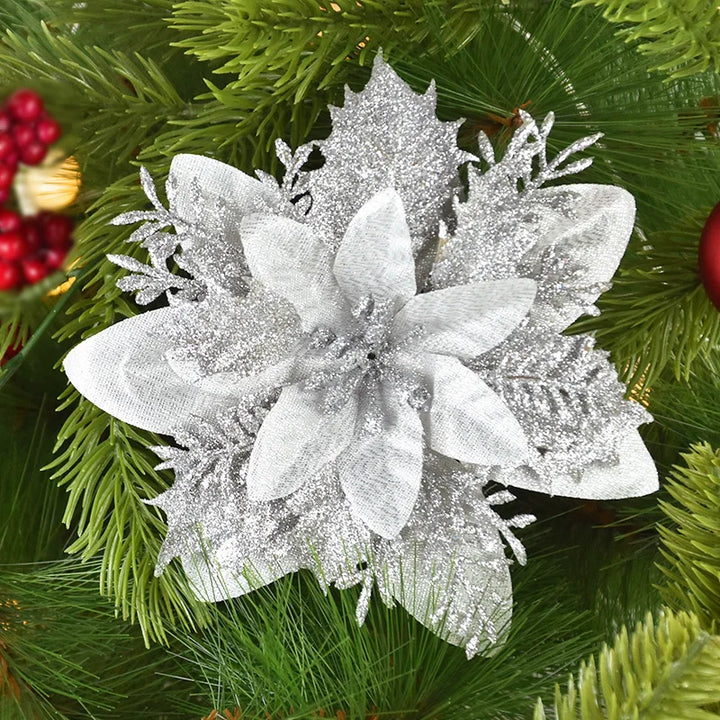 Rynx 5/10pcs 14cm Glitter Artificial Christmas Flowers Xmas Tree Ornaments Merry Christmas Decorations for Home New Year Gift Navidad