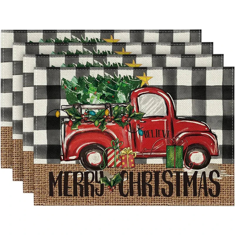 Rynx 4Pc Christmas Tree Moose Placemat Linen Dining Table Mats Coaster Bowl Coffee Mug Pad Mat 2024 Christmas Home Kitchen Decoration