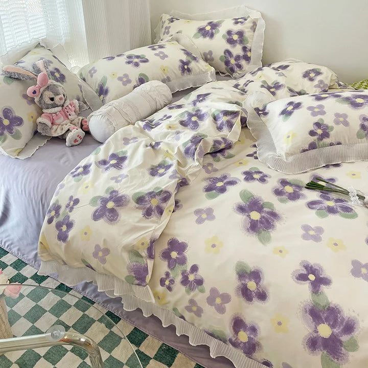Rynx | Floral Style 100% Cotton Printed Soft Bed Linen Set Duvet Bedware Duvet Pillowcase Flat Sheet Comforter Set for Girls