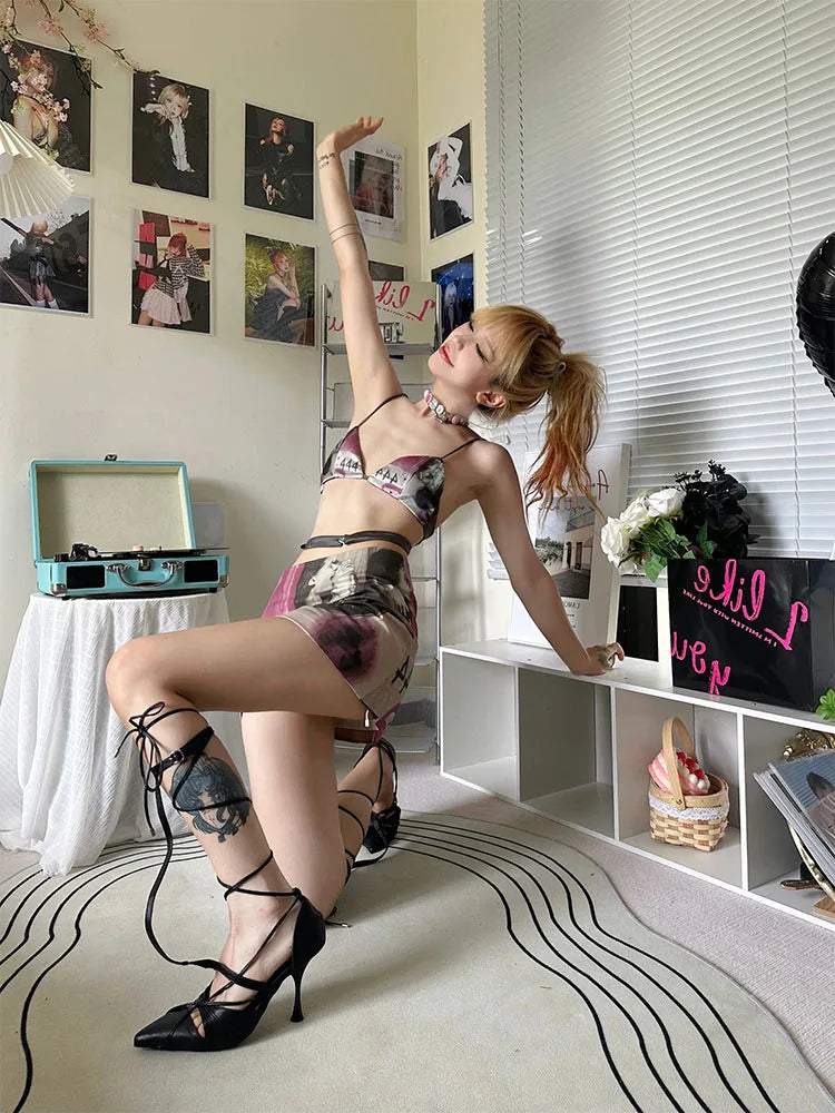 Rynx | Woman Aesthetics Bra Gyaru Outfits Ins Bustier Sexy 2-piece Skirt Sweet Set Mini Y2k Skirt A-line Elegant Set Lacing Knitted Print
