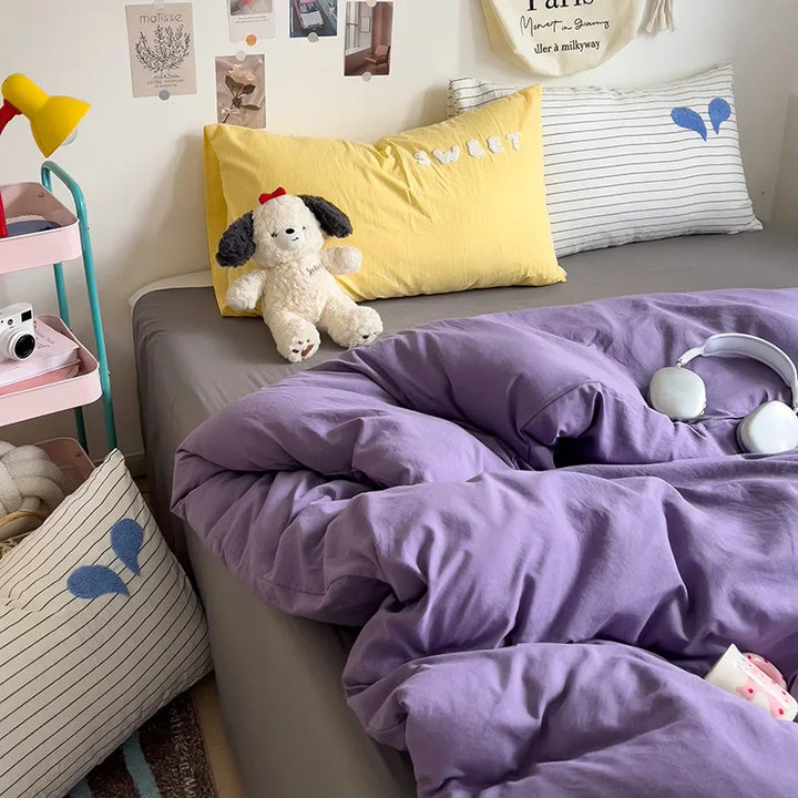 Rynx | INS Purple Bedding Set Girls Soft Washed Cotton Embroidered Sheet Set Queen King Size Duvet Cover Set with Pillowcases