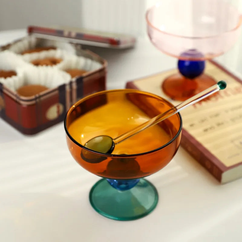 Rynx | Stained Glass Goblet Ice Dessert Bowl Colorful Transparent Cup Fruit Salad Borosilicate Glass Bowl Heat Resistant Glass